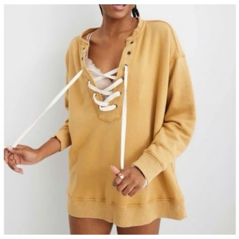 Aerie Womens Yellow Lace Up Sweatshirt Size Small Pullover Oversized Casual